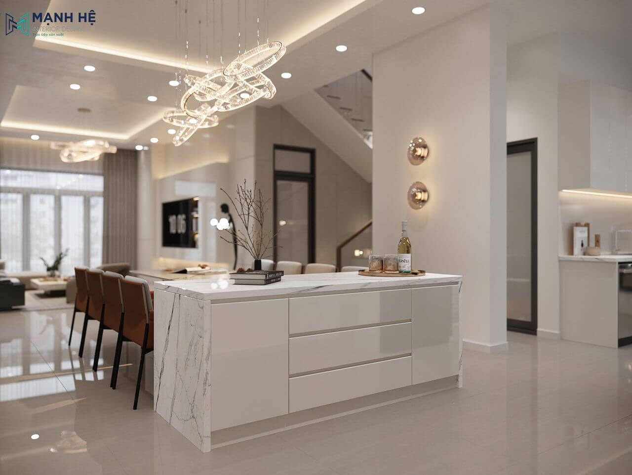 Thiết kế thêm bàn đảo với gam màu trắng hài hòa cùng tổng thể gian bếp giúp cho gia chủ thoải mái và linh hoạt trong việc nấu nướng