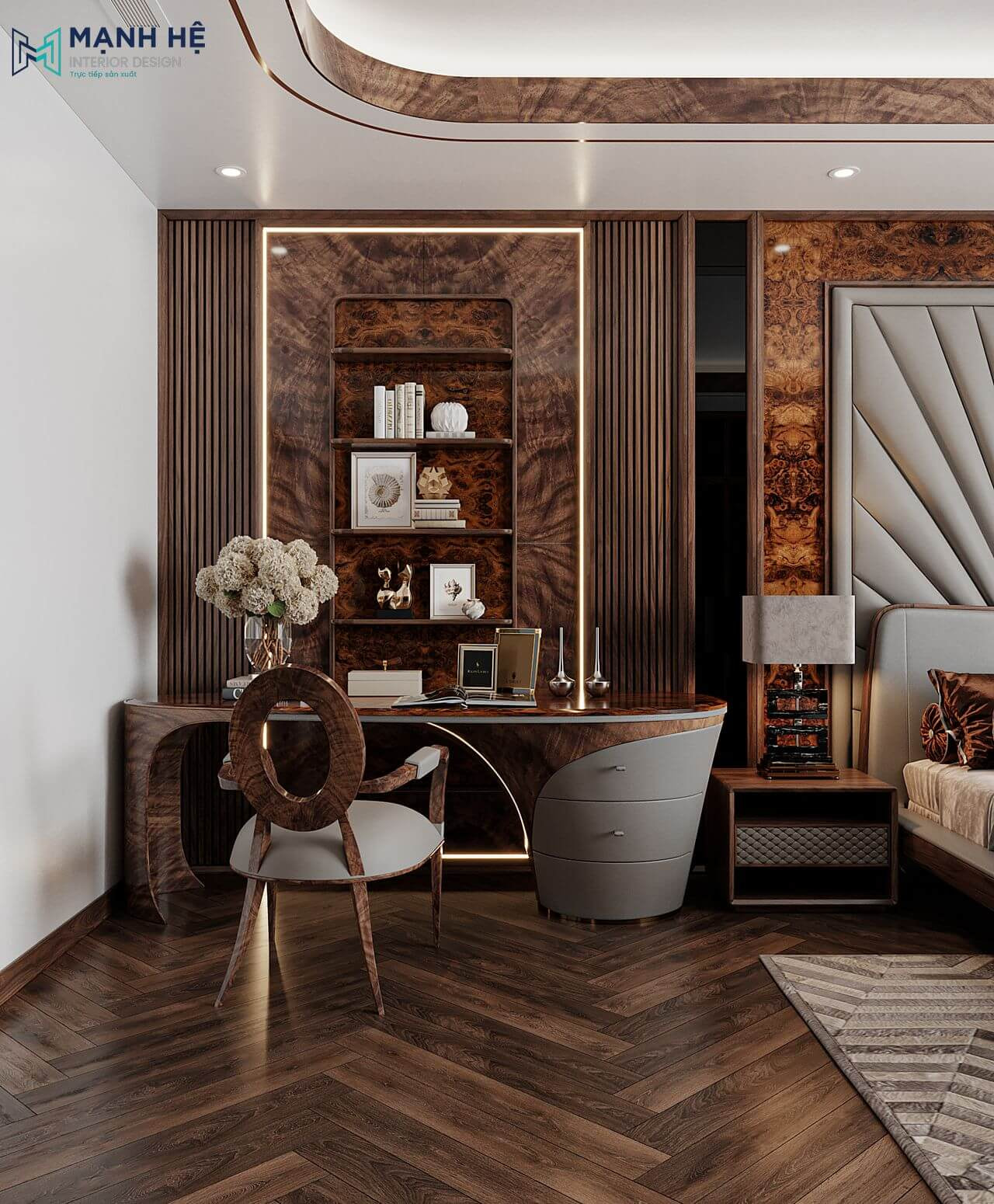 Thiết kế bàn làm việc kiểu dáng bo cong độc đáo kết hợp cùng kệ sách đơn giản vừa giúp lưu trữ đồ dùng vừa tăng thẩm mỹ cho căn phòng, Bàn làm việc là sự kết hợp hoàn hảo của gỗ óc chó và gỗ công nghiệp phủ sơn xám sang trọng