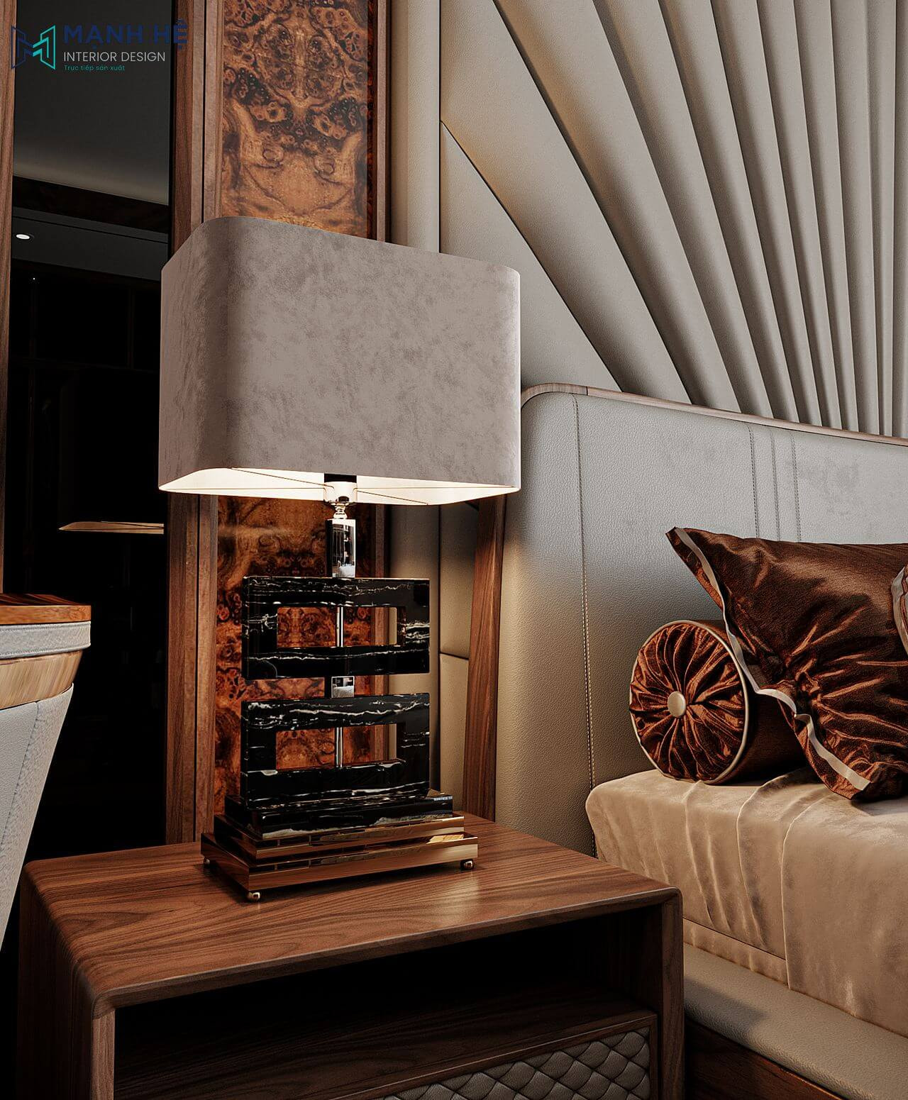 Điểm xuyến phòng ngủ bằng chiếc đèn ngủ bắt mắt hòa hợp cùng gam màu trung tính của căn phòng cùng với thân đèn được thiết kế kiểu dáng độc đáo ấn tượng