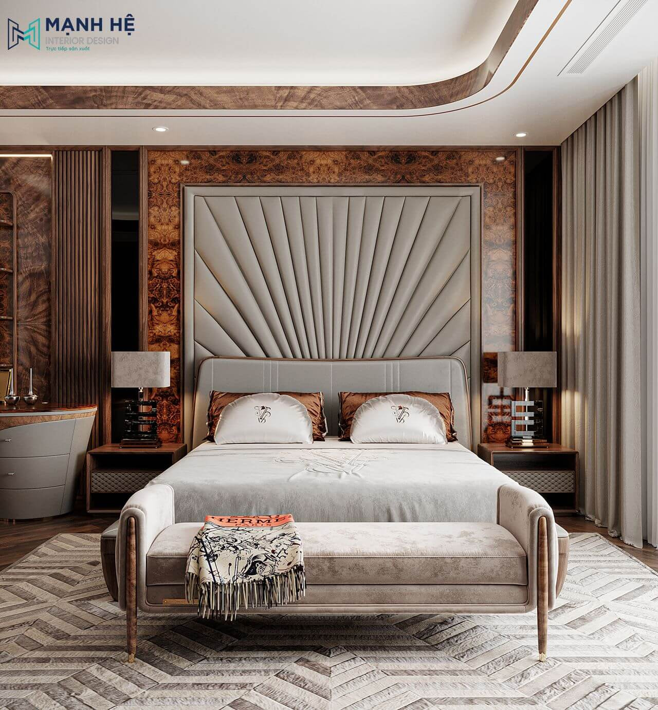 Sự kết hợp giữa gỗ óc chó, da, kim loại và các vật liệu cao cấp khác tạo nên một không gian đẳng cấp cho phòng ngủ, kết hợp thêm chi tiết thảm trải sàn giúp không gian trở nên ấm áp và đẹp mắt hơn