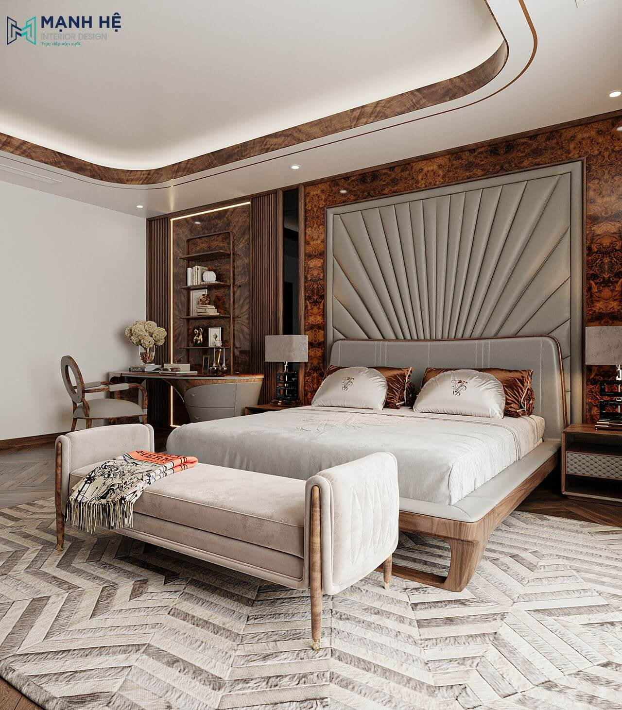 Thiết kế trần thạch cao cách điệu sang trọng và hiện đại cùng với nội thất gỗ óc chó cao cấp đẹp bền bỉ theo thời gian