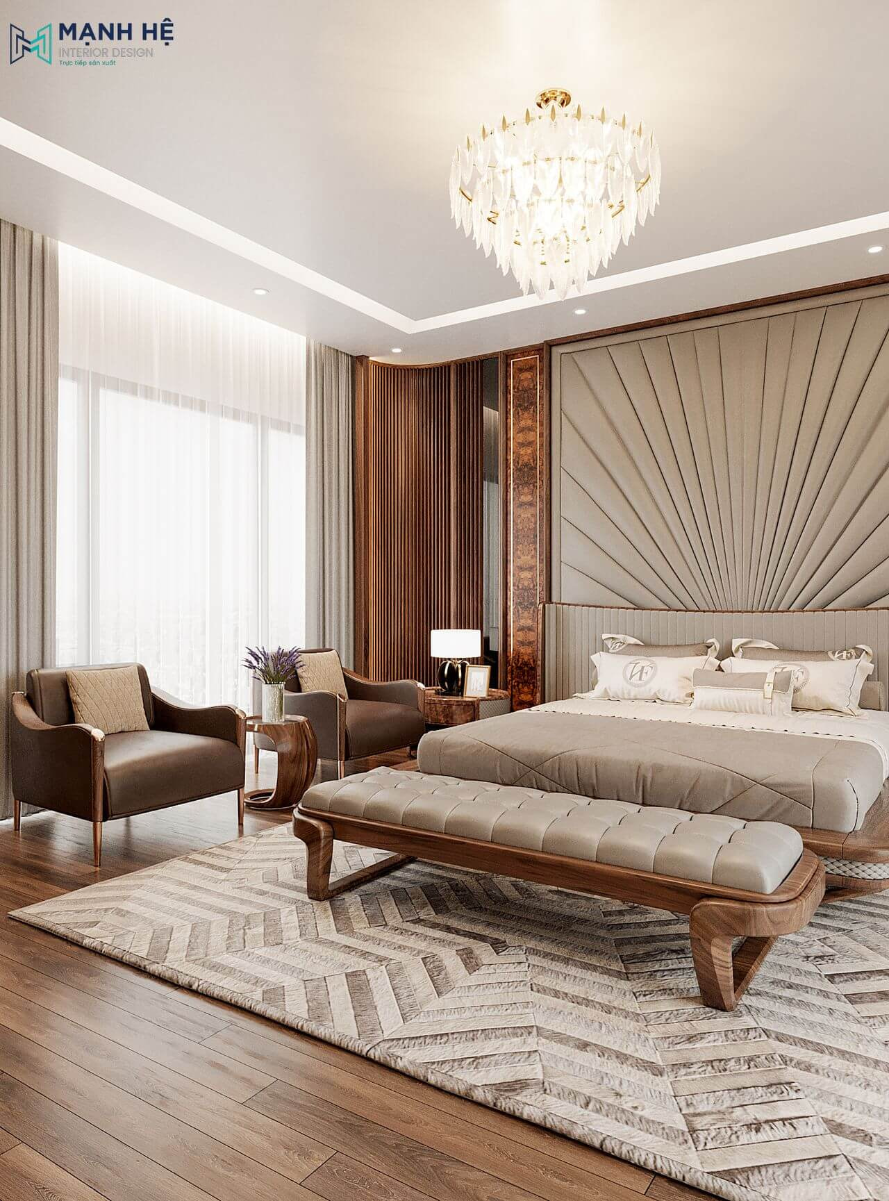 Trần thạch cao giật cấp đẹp ấn tượng kết hợp hệ thống chiếu sáng âm trần cùng ánh sâng tự nhiên bên ngoài cửa sổ tạo nên không gian ấm áp và làm nổi bật được vẻ đẹp của nội thất gỗ óc chó.