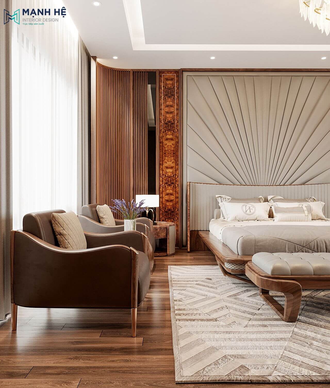 Hai bên góc tường phòng ngủ được bo cong và trang trí bằng vách lam gỗ óc chó sang trọng, hài hòa với nội thất tổng thể