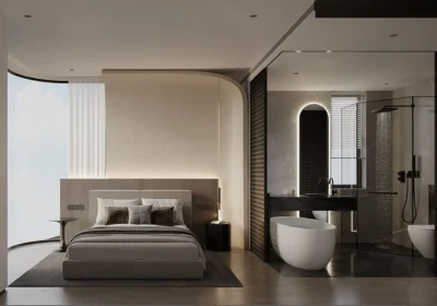 Mẫu phòng ngủ 16m2 có toilet theo lối thiết kế mở được ngăn cách bởi 1 tấm vách gỗ với gam màu phòng xám lạnh sang trọng