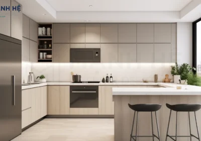 Tủ bếp chữ U nối liền bàn đảo bếp phủ melamine cùng gam màu kem chủ đạo cực ấn tượng