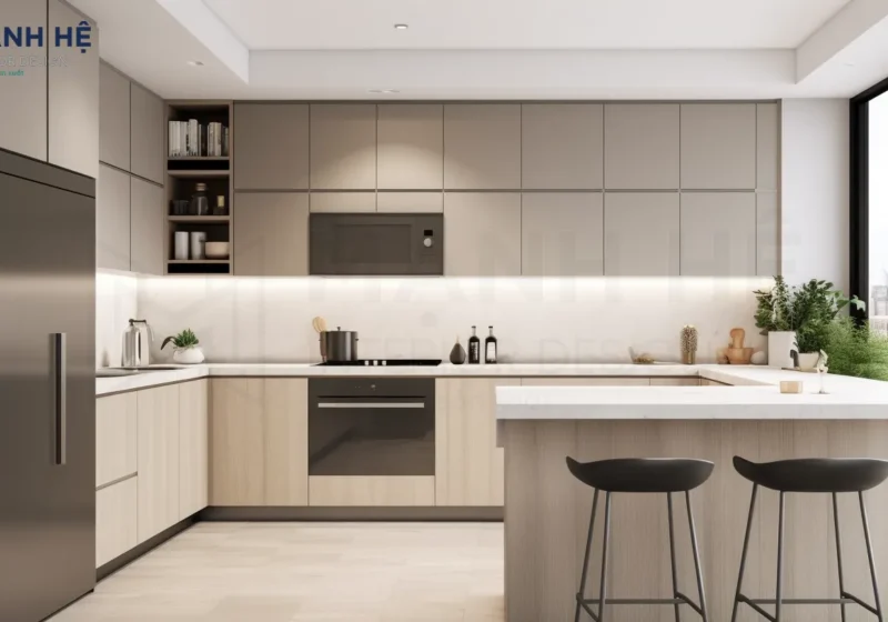 Tủ bếp chữ U nối liền bàn đảo bếp phủ melamine cùng gam màu kem chủ đạo cực ấn tượng