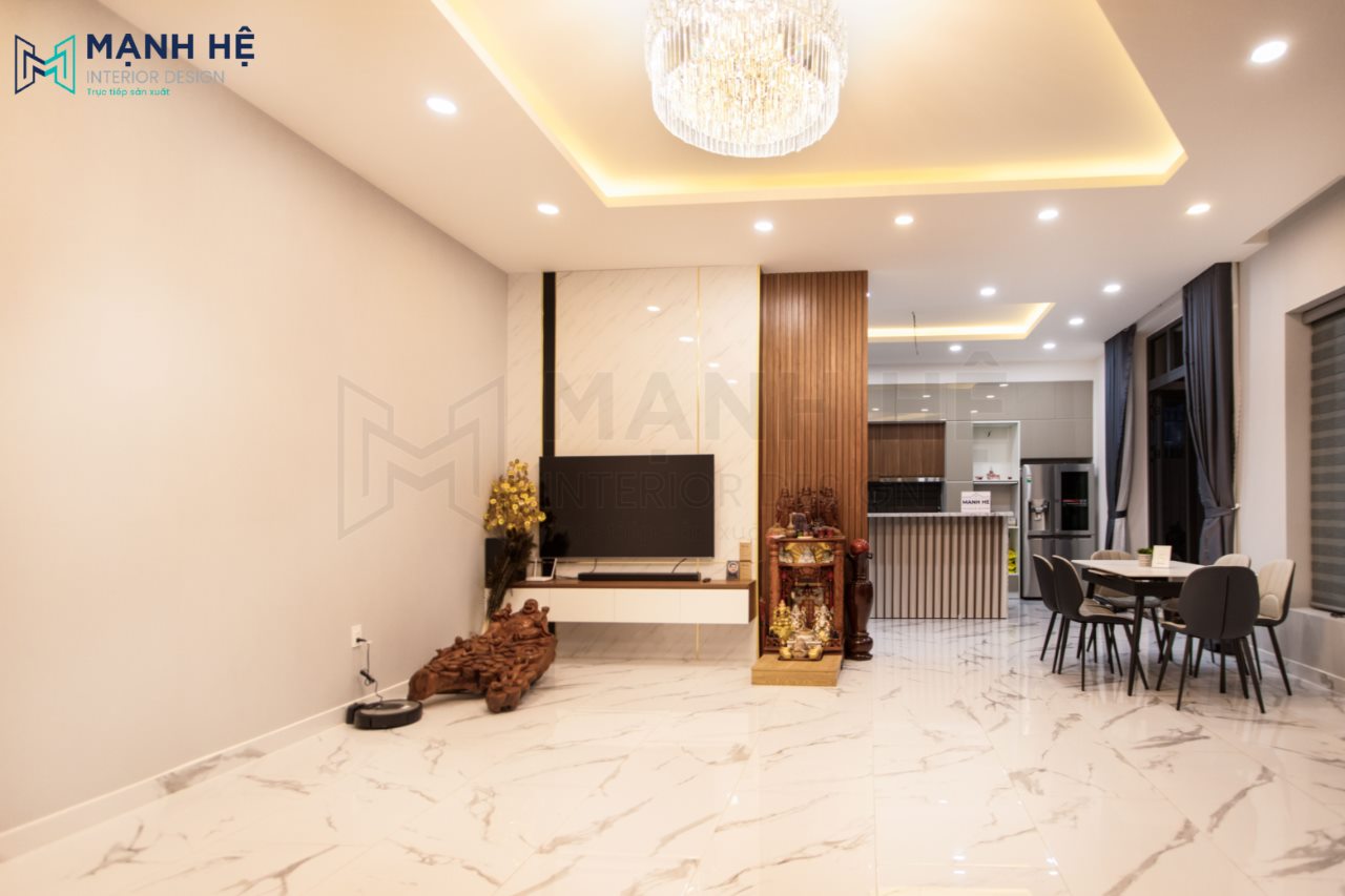 Thi Cong Noi That Nha Pho Không gian thi công nội thất phòng khách vô cùng rộng rãi, thoáng mát