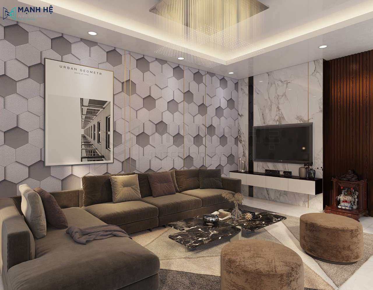 Thiet Ke Noi That Nha Pho Vách ốp PVC giả đá sau kệ tivi giúp tôn lên vẻ đẹp đẳng cấp cho không gian Thiết kế nội thất phòng khách