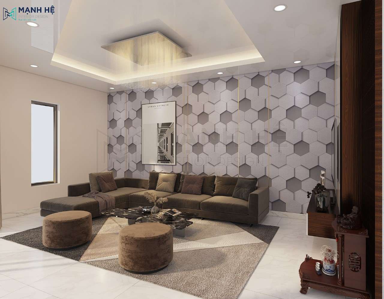 Thiet Ke Noi That Nha Pho Trang trí đèn thả trần giúp không gian phòng khách trở nên ấm áp