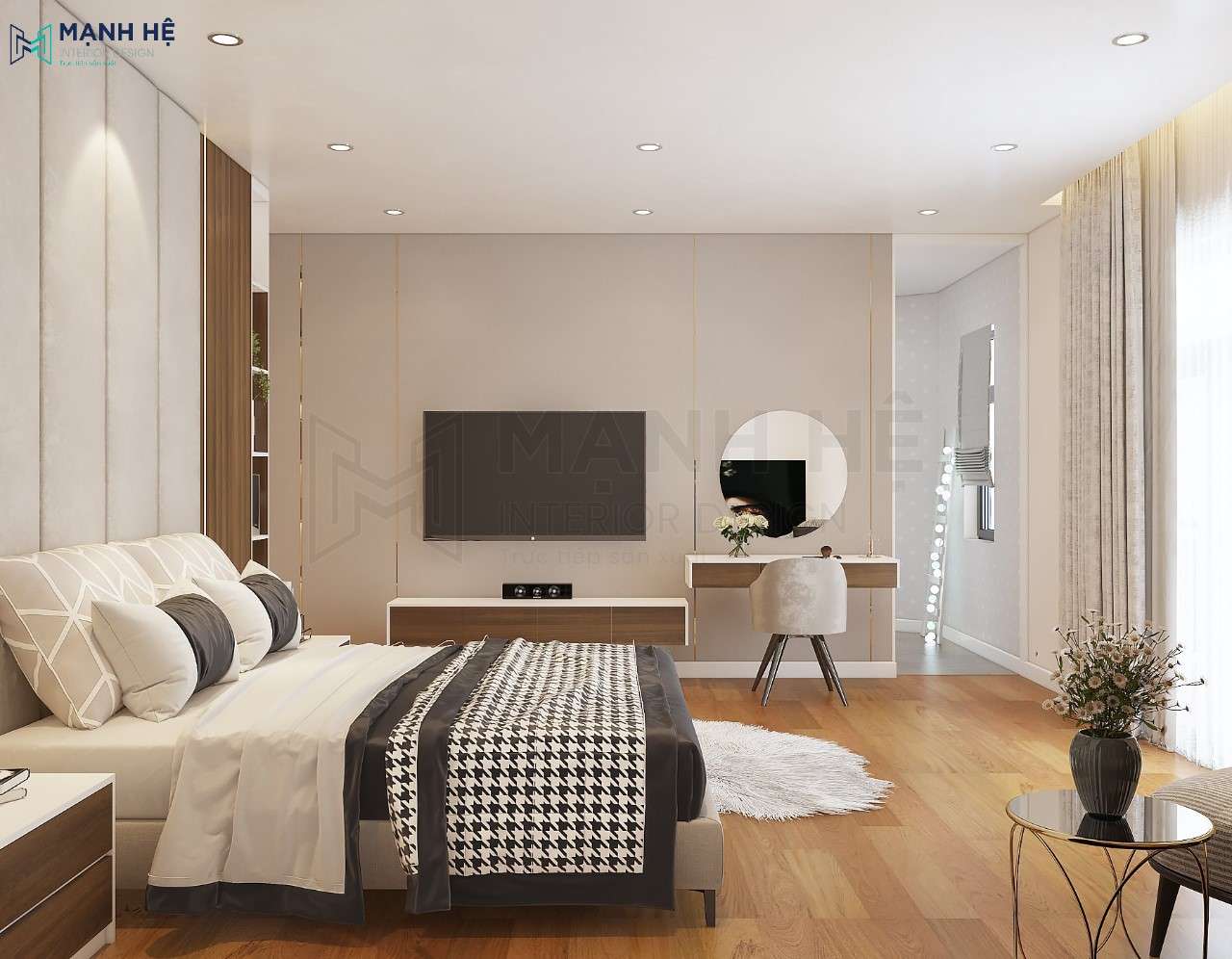 Thiet Ke Noi That Nha Pho Thiết kế kệ tivi treo tường nối liền bàn trang điểm