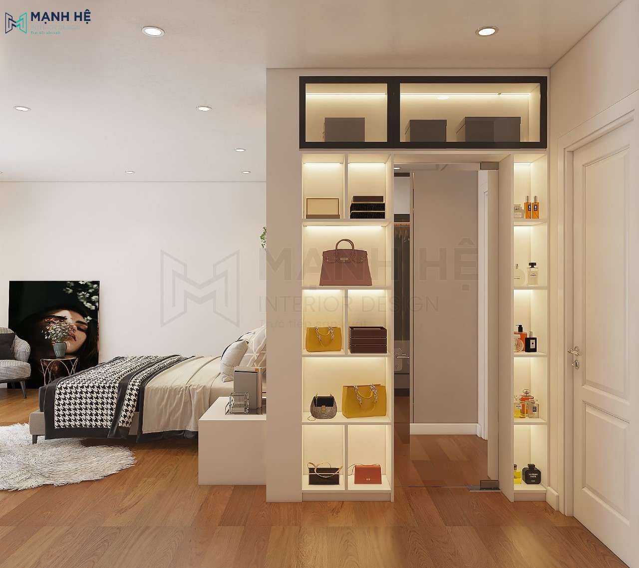 Thiet Ke Noi That Nha Pho Hệ tủ kệ trang trí âm tường đi đèn led đẹp sang trọng