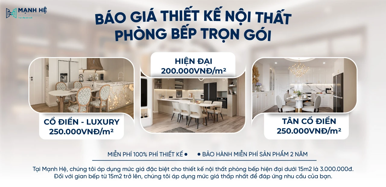 Bảng giá thiết kế nội thất phòng bếp theo phong cách và trọn gói