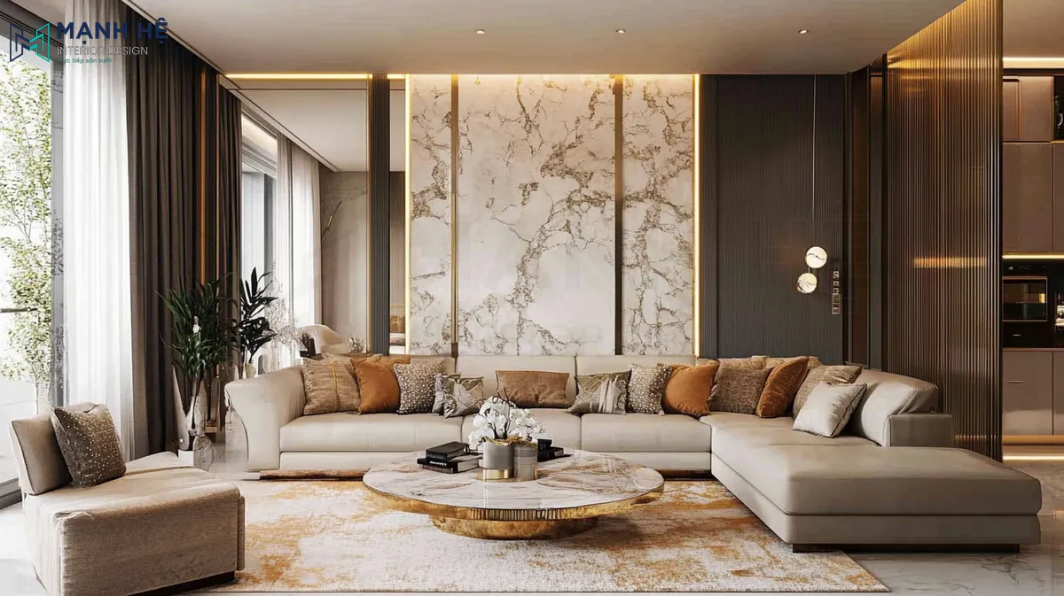Mẫu gương to phòng khách vô cùng đẹp mắt đặt cạnh cửa sổ giúp tạo hiệu ứng thị giác kết hợp cùng vách ốp đá marble cùng đường phào chỉ làm tăng thêm vẻ sang trọng
