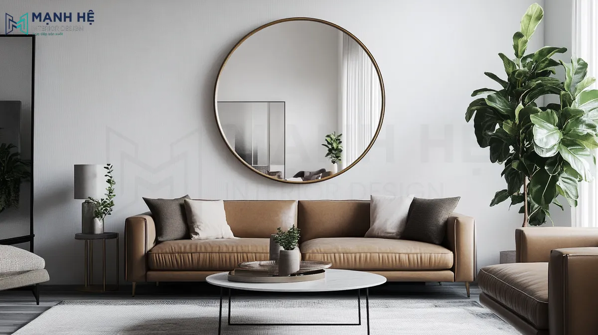 Mẫu gương tròn trang trí phòng khách cỡ lớn viền khung kim loại vô cùng cuốn hút kết hợp cùng chậu cây góc phòng giúp không gian trở nên sinh động hơn
