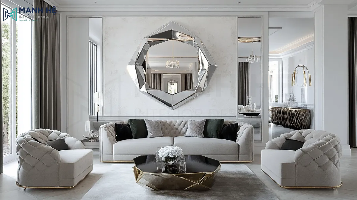 Mẫu gương cách điệu cực ấn tượng với những đường nét sang trọng cho phòng khách Luxury cùng điểm nhấn bàn trà mặt kính làm tăng thêm sự quý phái