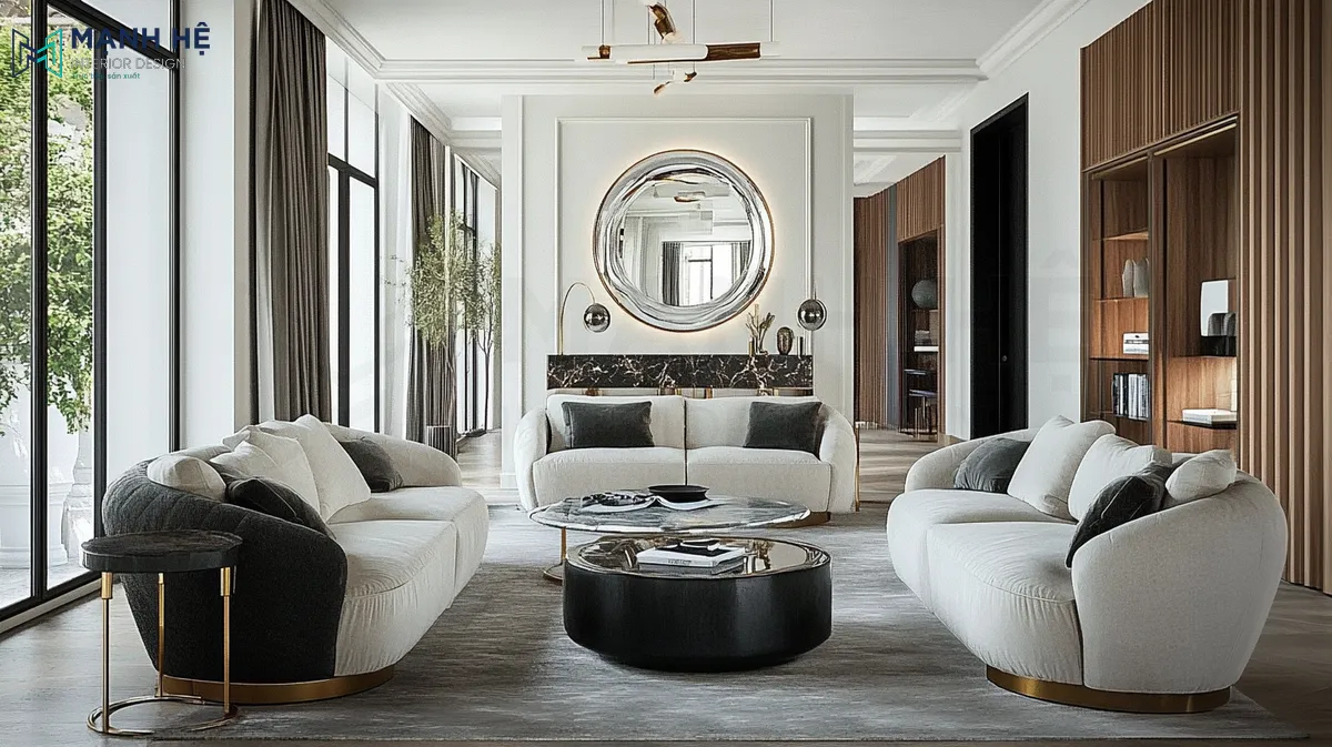 Gương decor phòng khách hình cầu vô cùng ấn tượng với phần viền khung kim loại cùng điểm nhấn bàn trà mặt đá làm tổng thể thêm vẻ sinh động