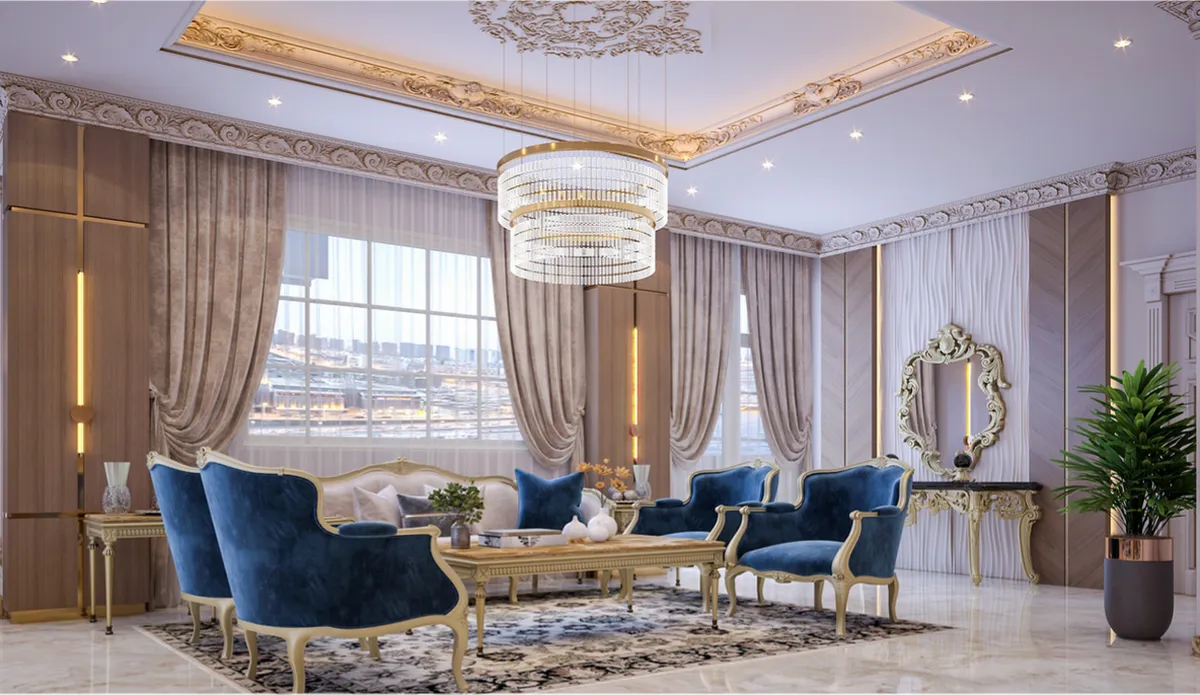 Mẫu gương phòng khách với hoa văn tinh xảo chuẩn phong cách tân cổ điển kết hợp cùng những chi tiết trang trí ánh kim giúp tôn thêm sự sang trọng