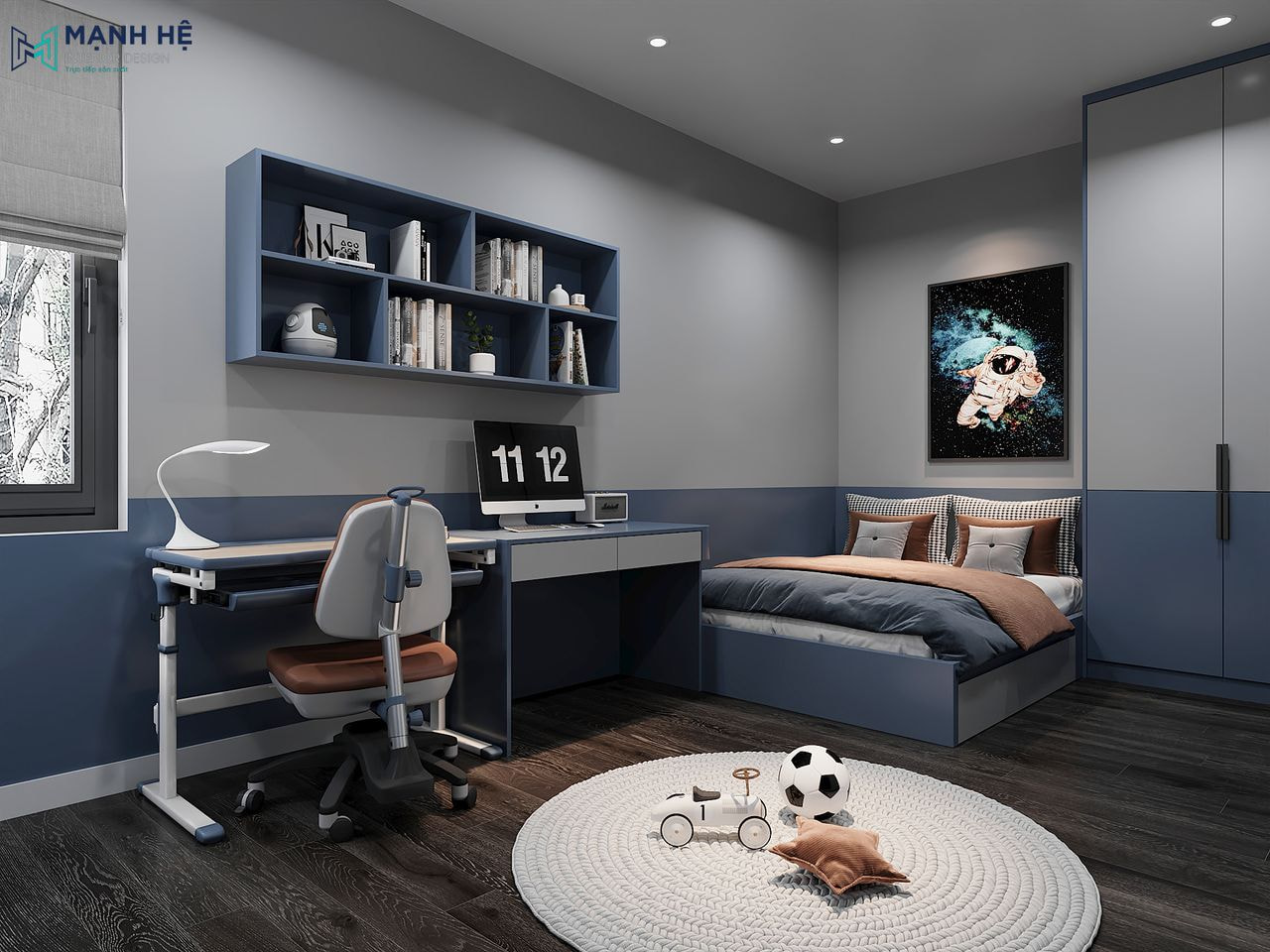 Thiết kế bàn học nối liền bàn làm việc tiện nghi cạnh cửa sổ để lấy nguồn ánh sáng từ tự nhiên giúp phòng ngủ nhỏ trở nên thông thoáng hơn