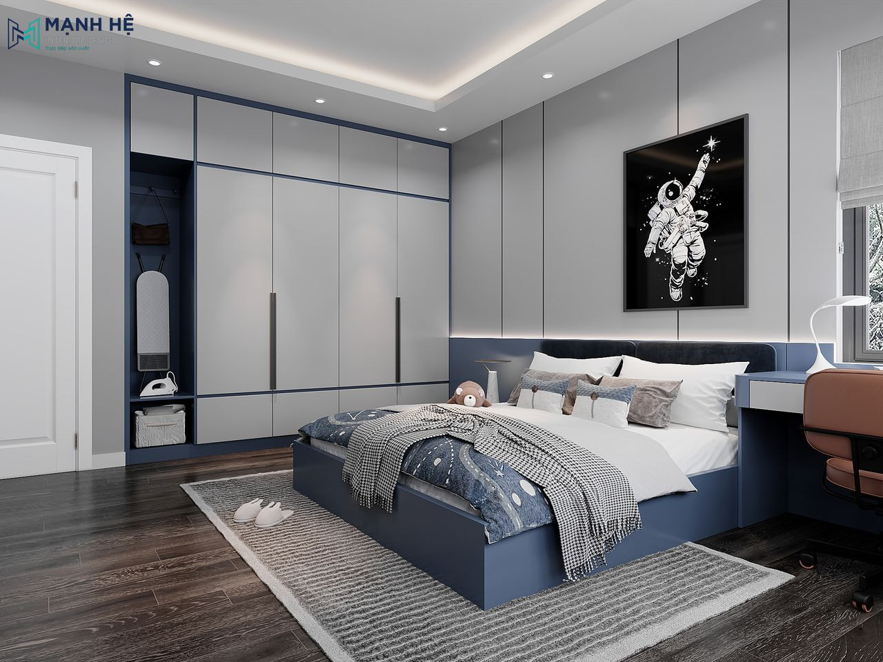 Thiết kế tủ quần áo âm tường giúp tối ưu diện tích phòng ngủ của bé tích hợp với kệ trang trí tiện nghi cho bé trang trí theo sở thích