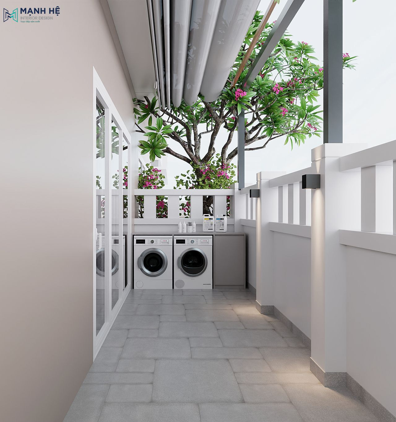 Không gian bên cạnh nhà được tận dụng để đặt máy giặt, sấy và các vật dụng cá nhân