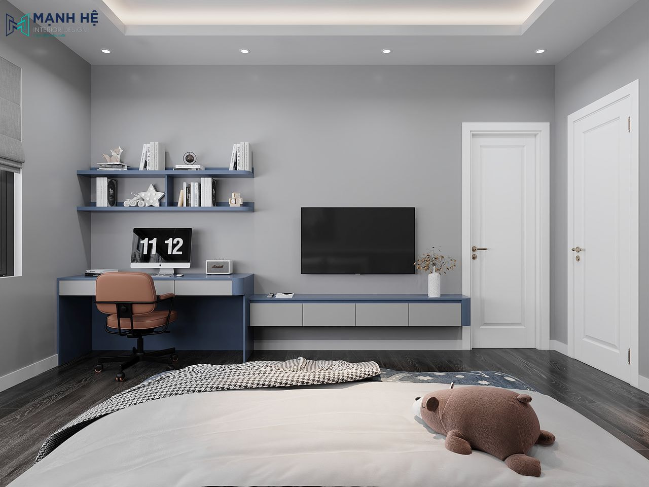 Thiết kế kệ tivi treo tường tích hợp bàn làm việc cùng kệ sách ở phía trên để tối ưu diện tích phòng ngủ cho bé