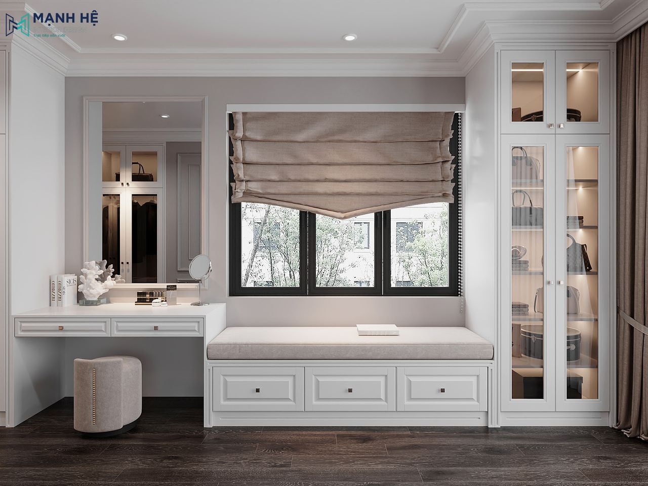 Thiết kế bục ngồi nối liền bàn trang điểm và tủ kính trang trí tạo bố cục liền mạch cho không gian