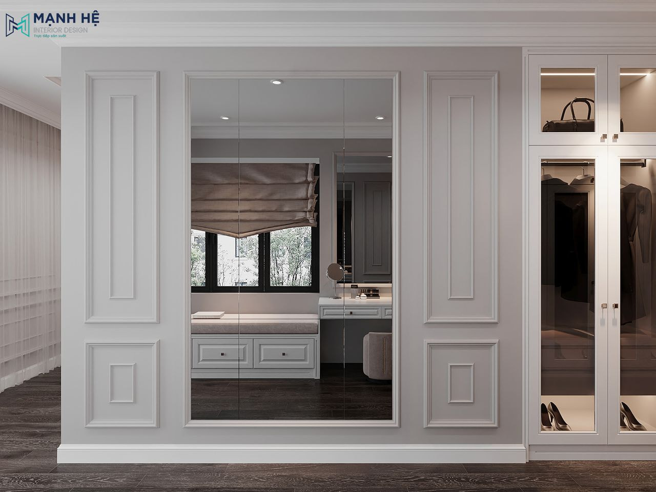 Bố trí gương toàn thân đối diện cửa sổ để giúp phản chiếu ánh sáng, tạo chiều sâu cho không gian phòng thay đồ