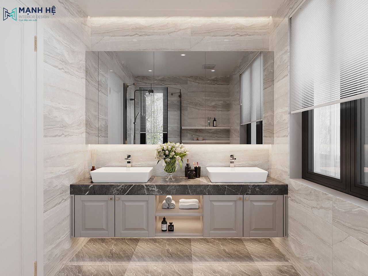 Phòng toilet được thiết kế tấm gương lớn tạo không gian rộng rãi cùng bồn rửa mặt đôi tiện nghi cho gia đình sử dụng