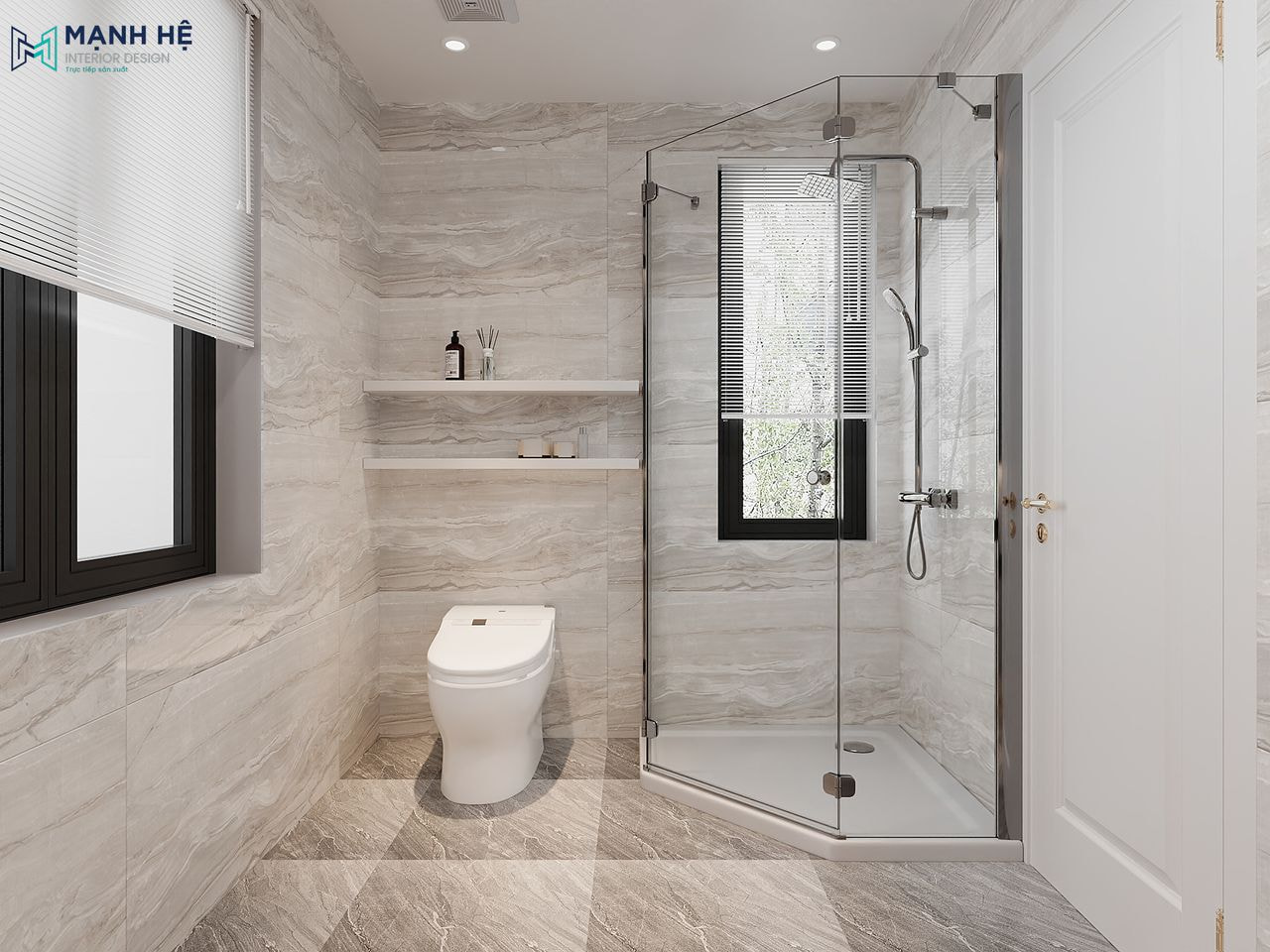 Khu vực tắm đứng và toilet được ngăn bởi vách kính tính tế, kết hợp thiết kế cửa sổ giúp tạo không gian thông thoáng