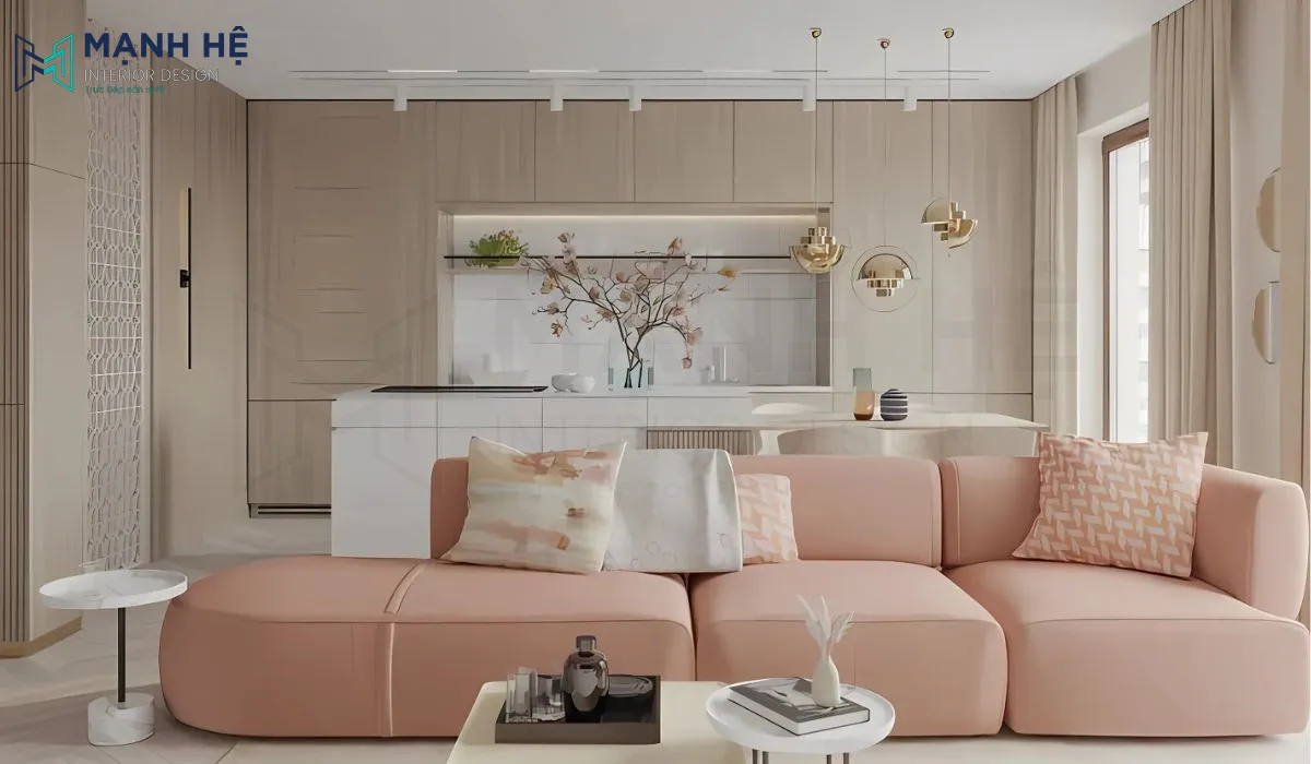 Phòng khách phong cách hàn quốc đầy vẻ tinh tế với điểm nhấn bộ sofa hồng pastel