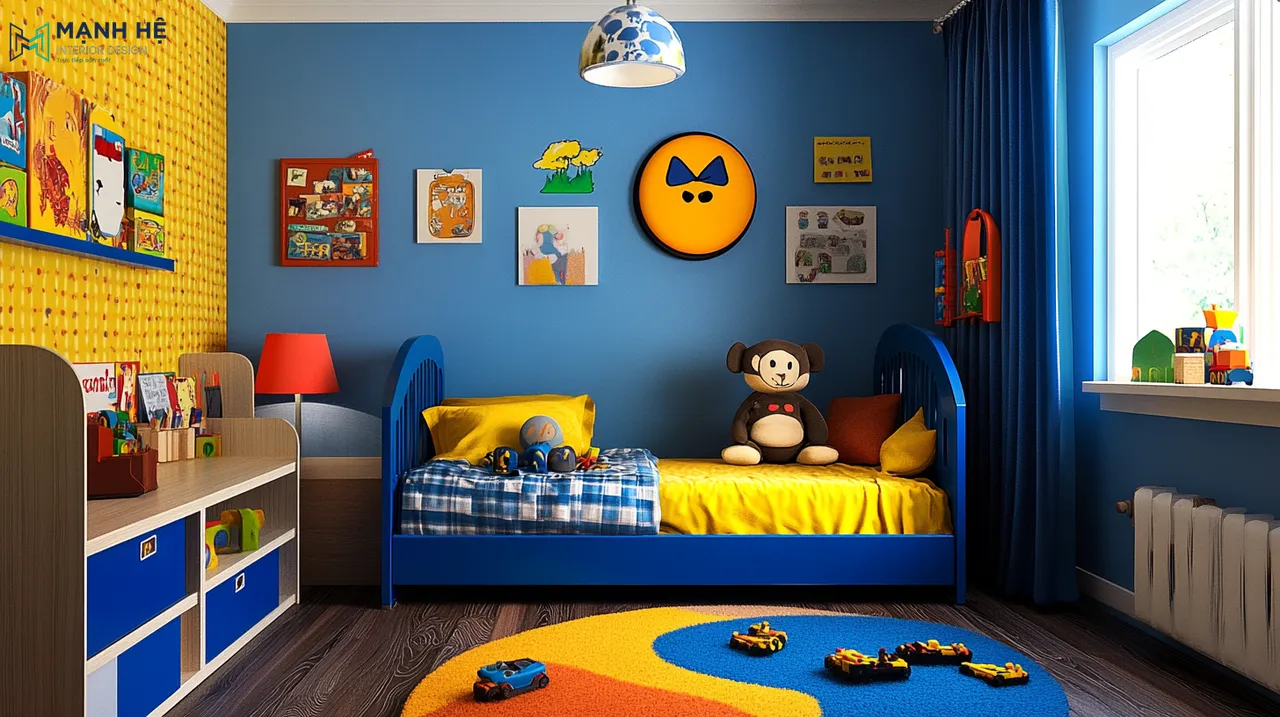 Phòng ngủ bé trai với các sắc màu tươi sáng vui tươi, sinh động, kết hợp nội thất bo cong đảm bảo an toàn cho bé