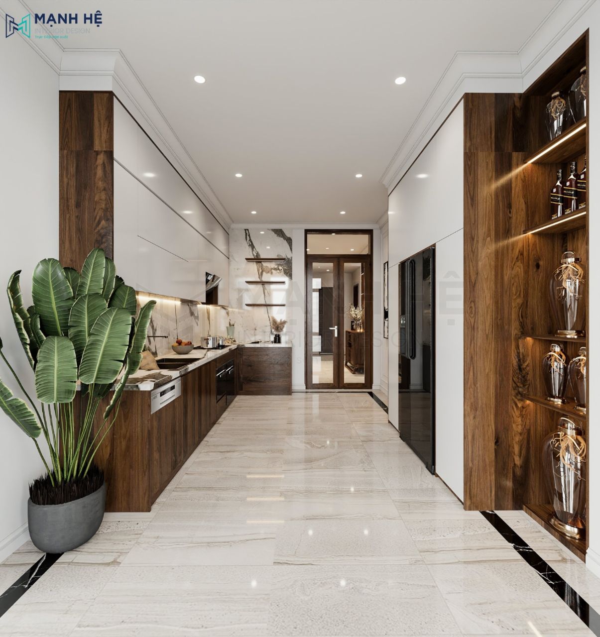 Thiet Ke Noi That Biet Thu Tủ bếp trên thiết kế với chất liệu gỗ phủ acrylic bóng loáng, nhẵn mịn.