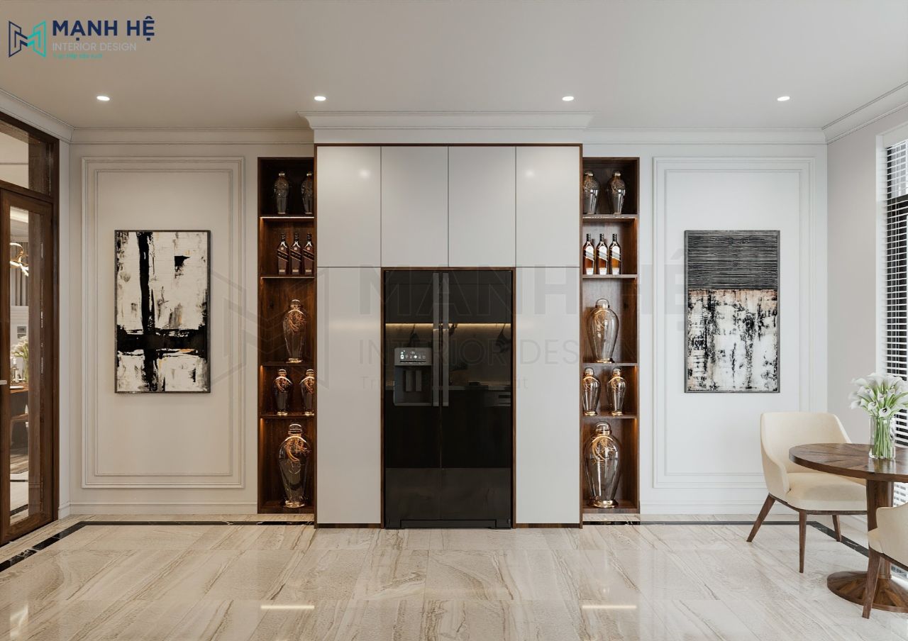Thiet Ke Noi That Biet Thu Thiết kế kệ rượu cao đụng trần sang trọng, tạo sự cân đối về không gian và màu sắc