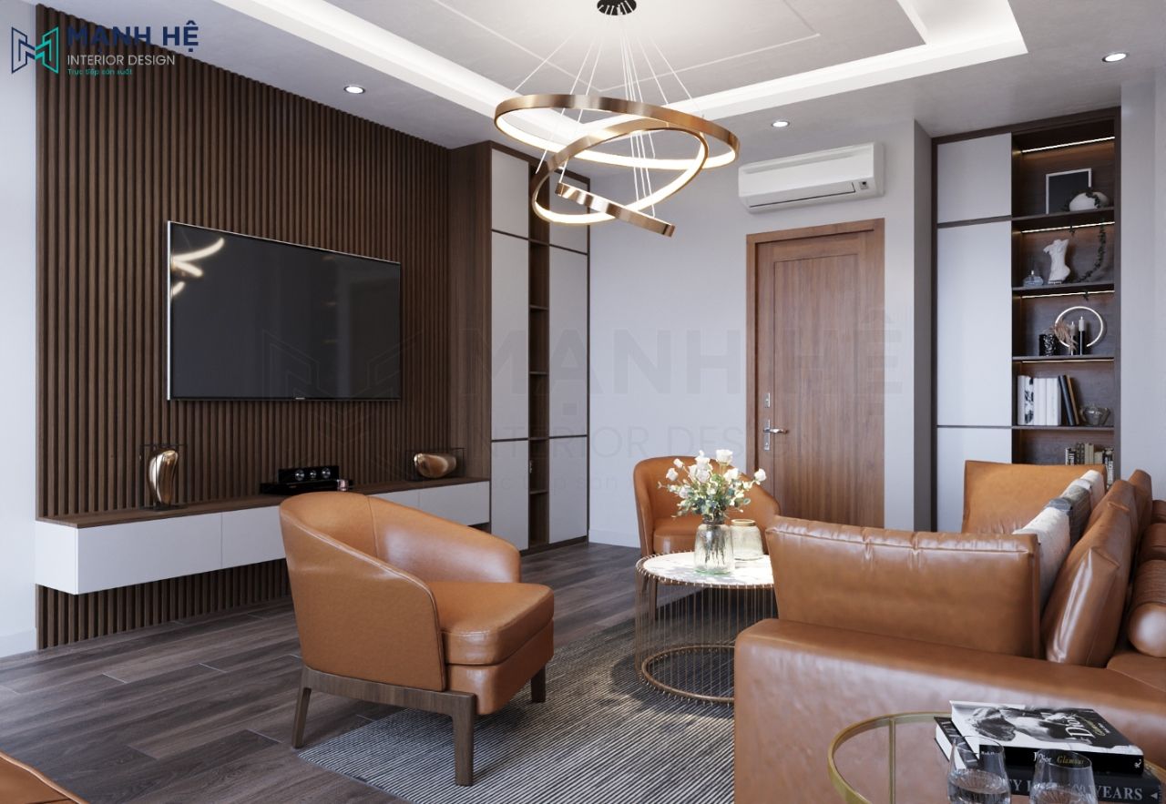 Thiet Ke Noi That Nha Pho Hệ tủ tivi treo tường và tường tivi được ốp lam gỗ màu nâu đậm tăng sự quyền lực cho tổng thể không gian phòng khách