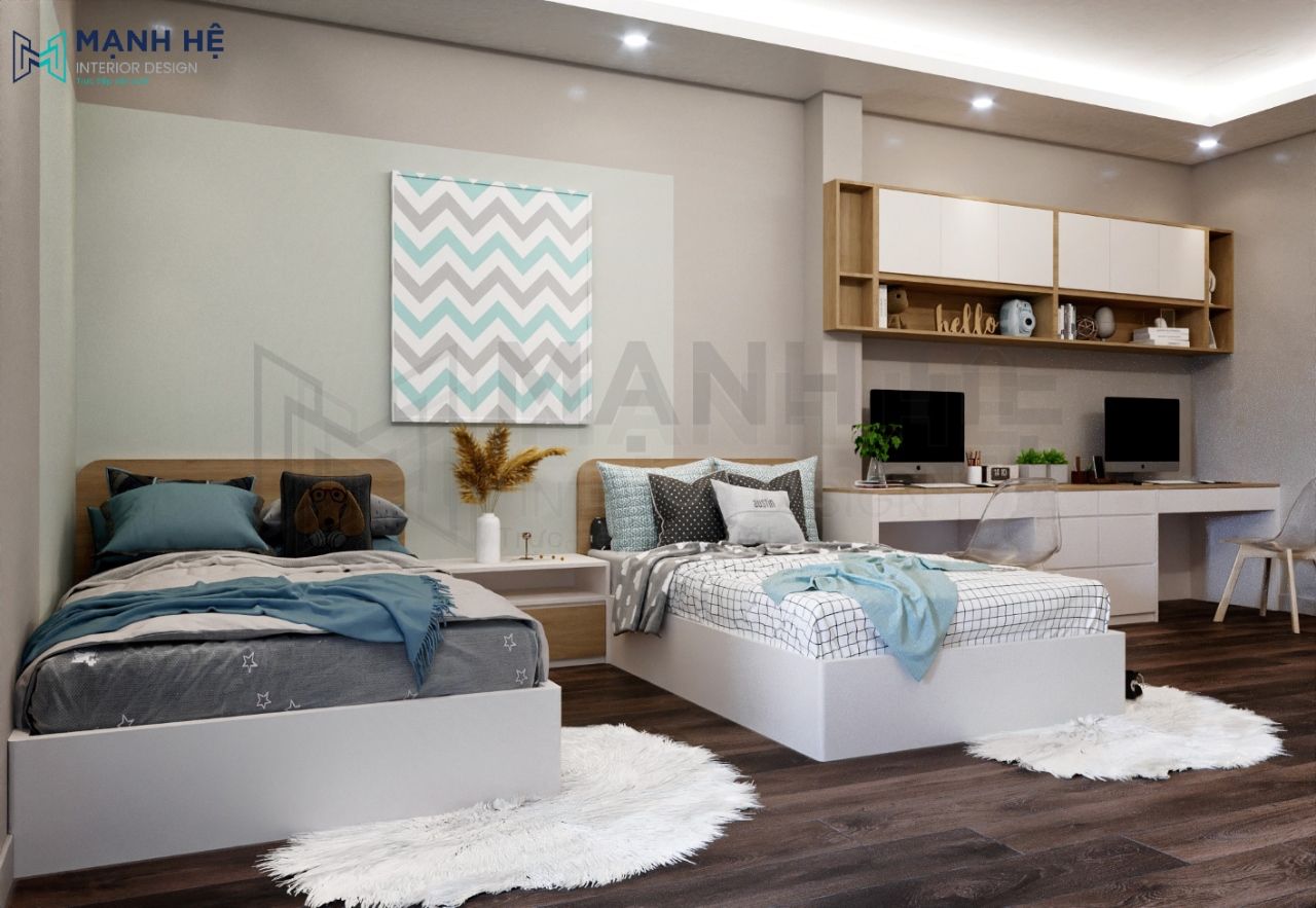 Thiet Ke Noi That Nha Pho Hệ tủ kết hợp với kệ trang trí và thêm vào đó là bàn học đôi cho 2 bé có hứng thú học tập hơn