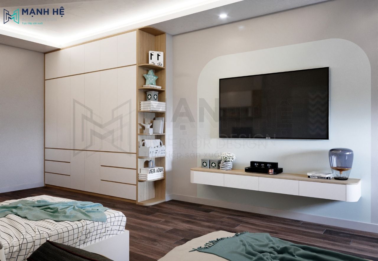 Thiet Ke Noi That Nha Pho Hệ tủ quần áo gỗ công nghiệp thiết kế cao đụng trần tối ưu không gian lưu trữ cho 2 bé