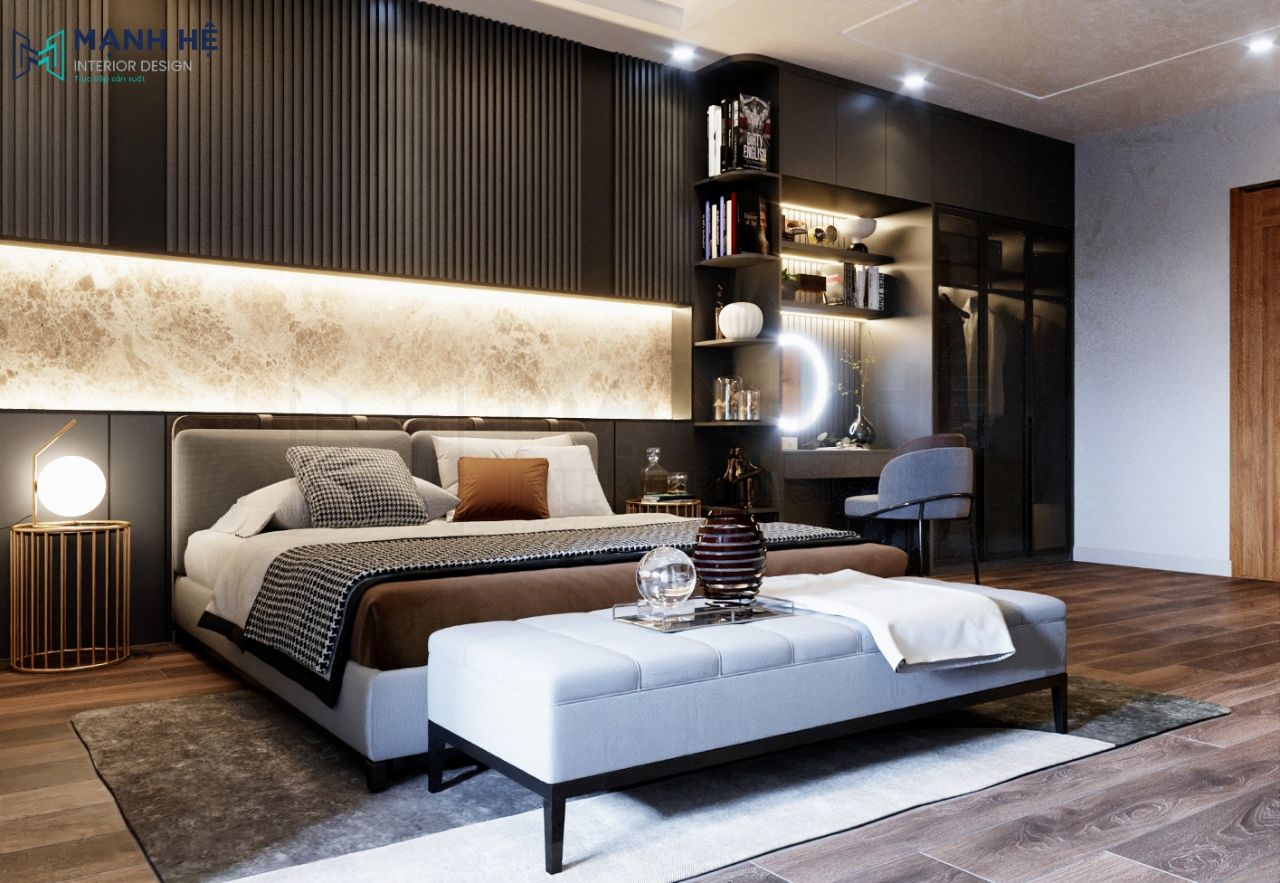 Thiet Ke Noi That Nha Pho Hệ tủ quần áo cánh kính kết hợp với bàn trang điểm chạy đèn led tăng sự sang trọng