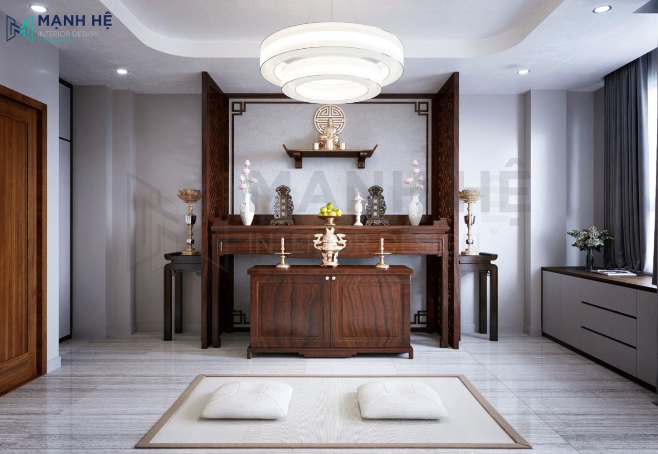 Thiet Ke Noi That Nha Pho Phòng thờ được thiết kế đơn giản những rất trang trọng với hệ bàn thờ có 2 vách ngăn bằng gỗ tự nhiên