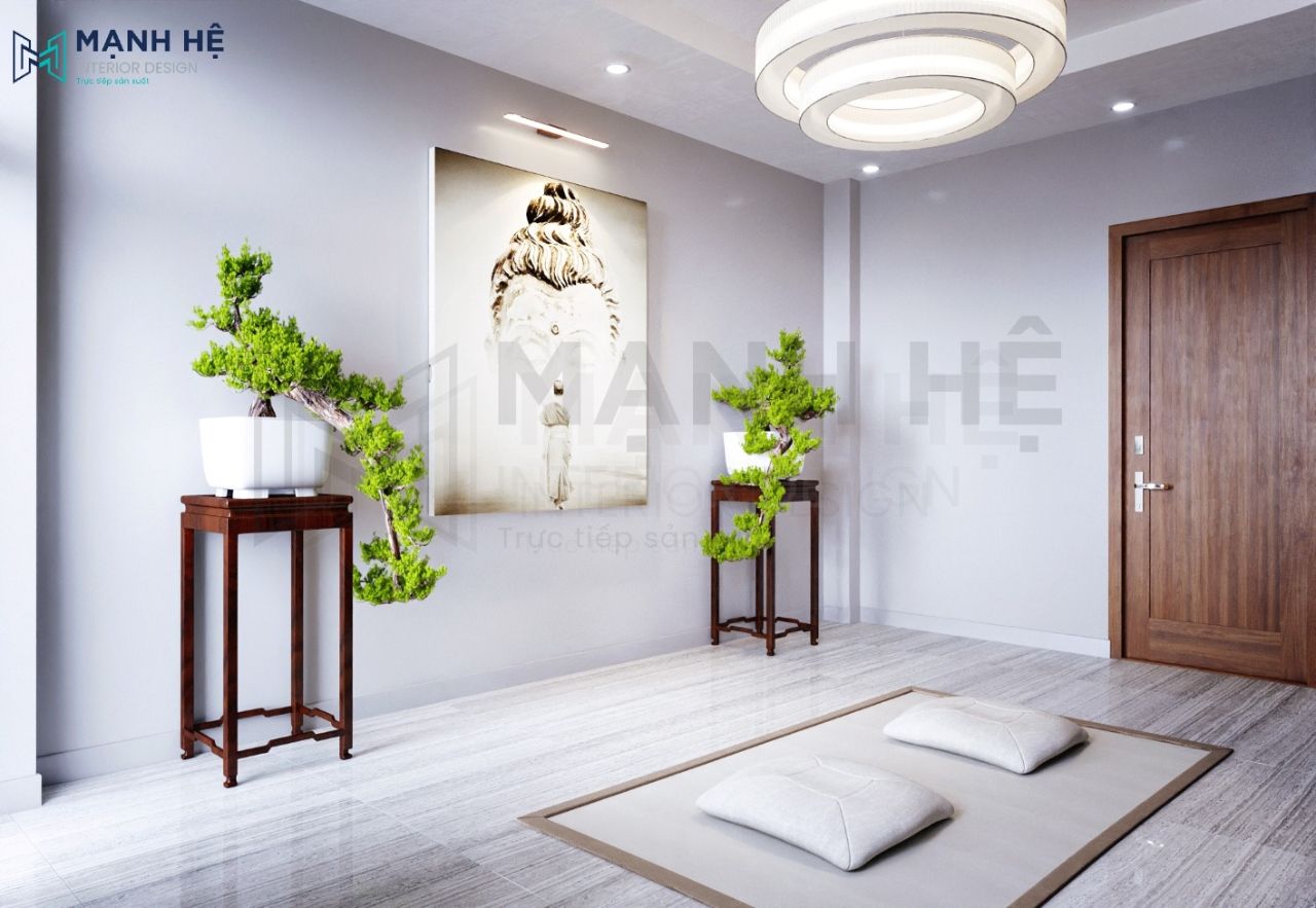 Thiet Ke Noi That Nha Pho Trang trí với tranh phật thiêng liêng kết hợp với 2 cây bonsai