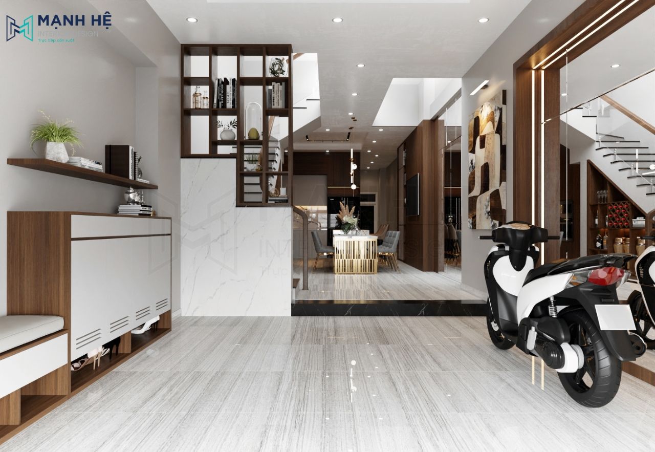 Thiet Ke Noi That Nha Pho Thiết kế gara đơn giản có tủ giày gỗ công nghiệp lớn 4 cánh có kệ ngồi tiện lợi