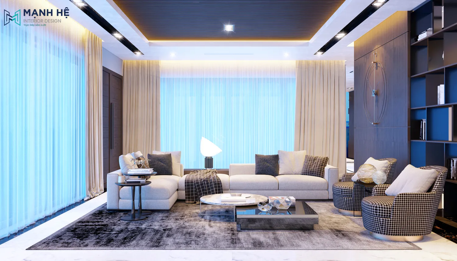 Tổng quan phòng khách sang trọng với 3 gam màu trung tính trắng – xám – đen, kết hợp trần thạch cao chạy đèn led hiện đại Thiet Ke Thi Cong Noi That Binh Duong (1)