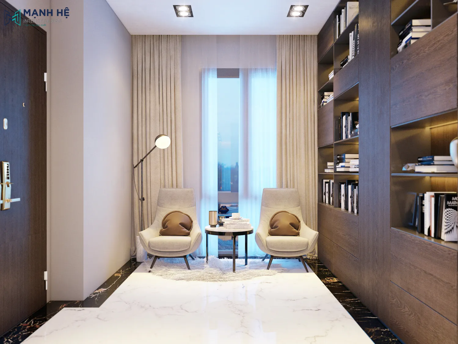 Thi công góc đọc sách thư giãn siêu “chill” già cho gia đình, với 2 chiếc sofa đơn cùng 1 bàn trà nhỏ đặt giữa Thiet Ke Thi Cong Noi That Binh Duong (13)