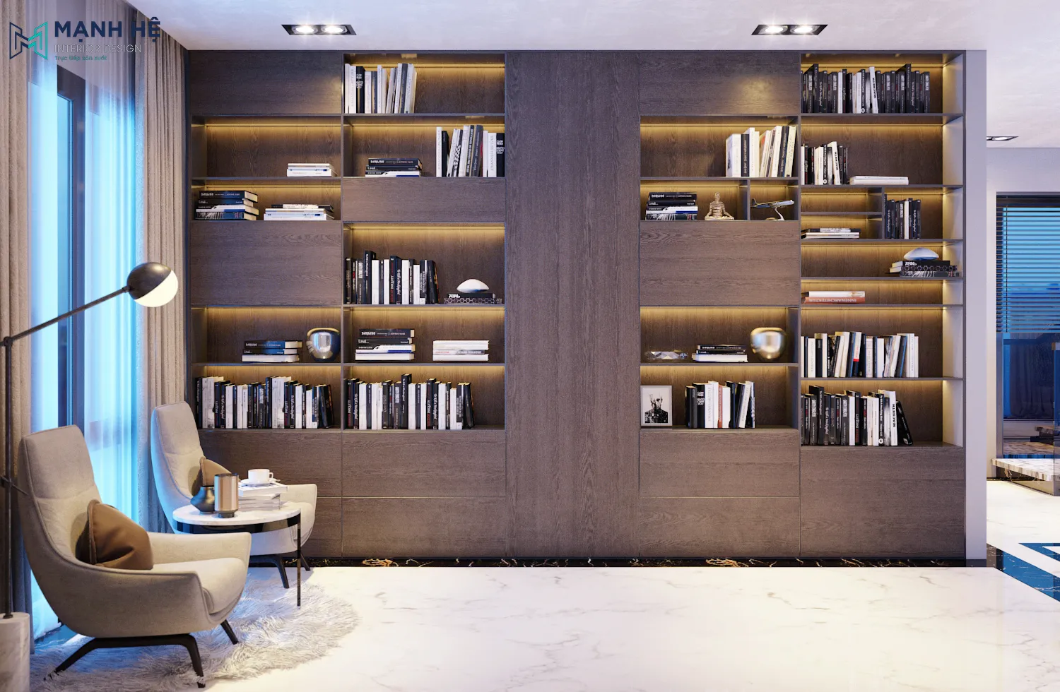 Tủ kệ sách chữ i màu nâu gỗ trầm cao kịch trần, tích hợp đèn led hiện đại giúp gia chủ dễ dàng tìm thấy sách Thiet Ke Thi Cong Noi That Binh Duong (14)