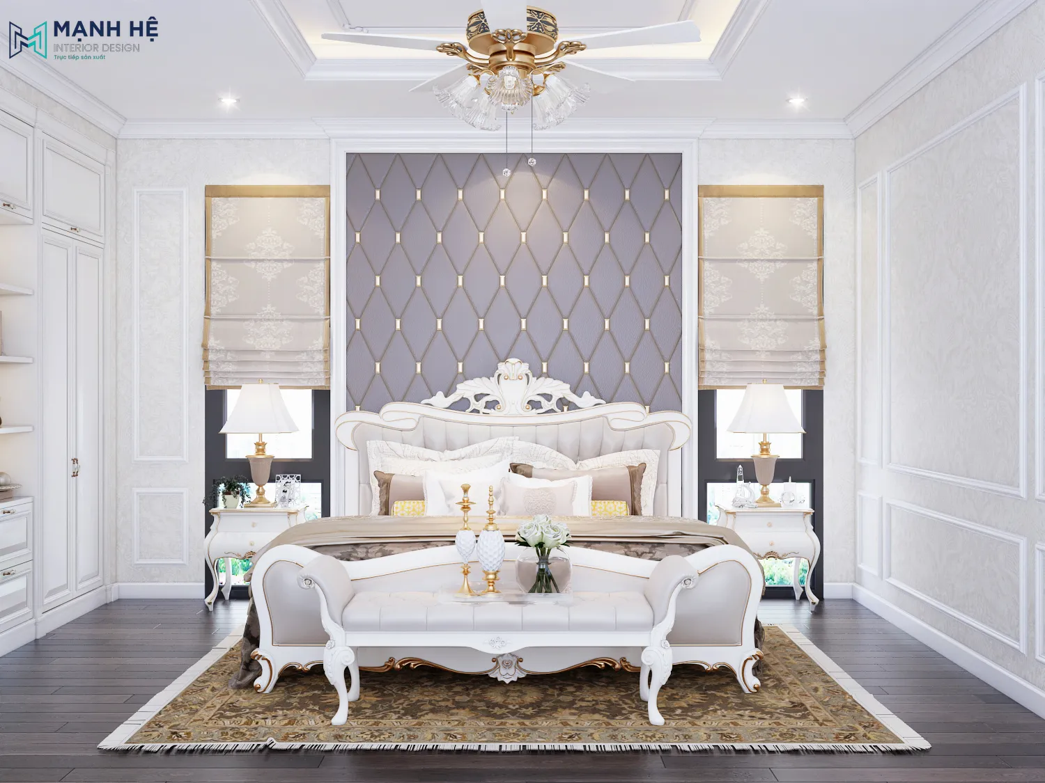 Thi công phòng ngủ 1 với phong cách cổ điển sang trọng với tông màu trắng tinh tế, nổi batah cùng các đường phảo chỉ đẹp mắt Thiet Ke Thi Cong Noi That Binh Duong (15)