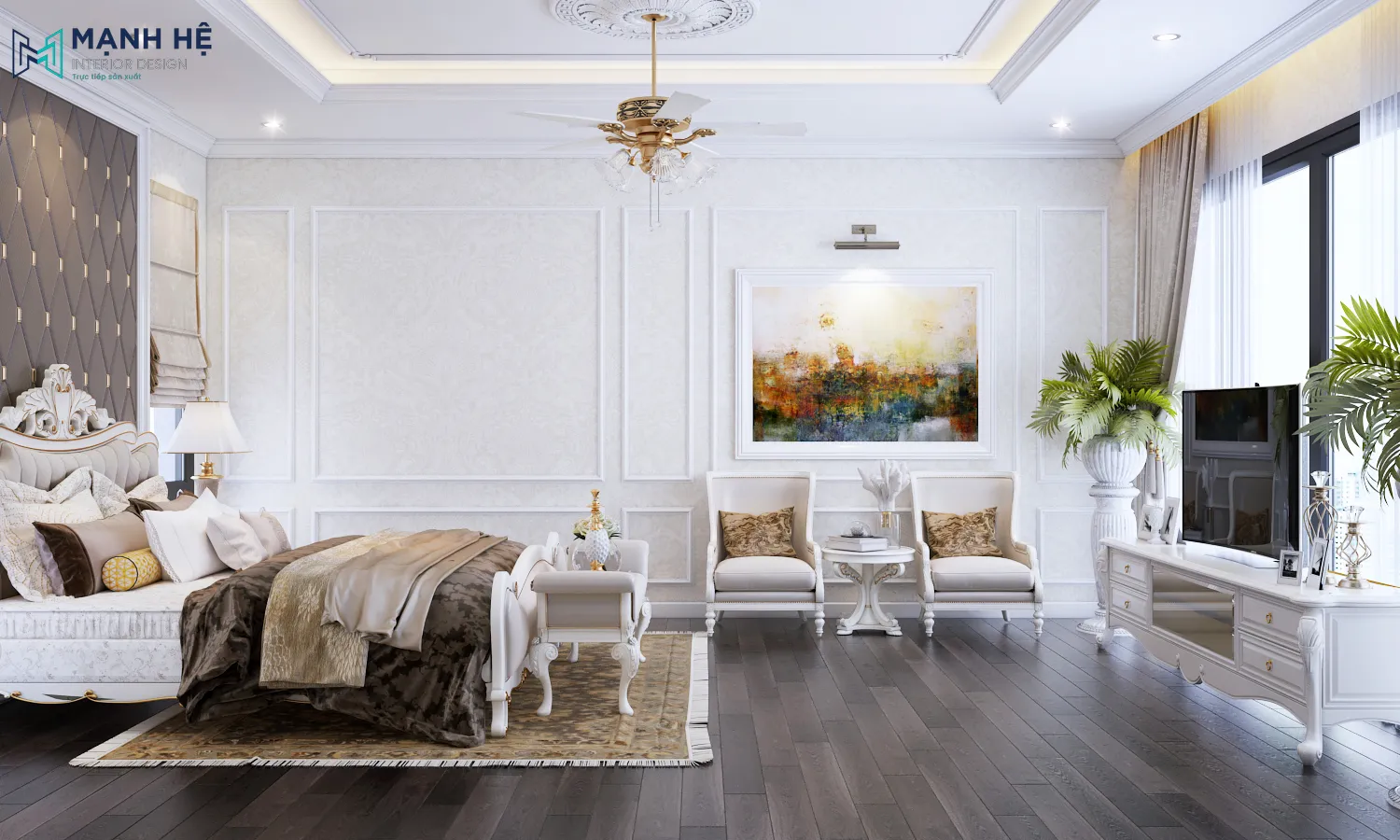 Bố trí góc nhỏ tiếp khách ngay trong phòng tiện nghi, cùng 1 vài chi tiết trang trí như tranh treo tường và cây xanh phòng ngủ Thiet Ke Thi Cong Noi That Binh Duong (16)