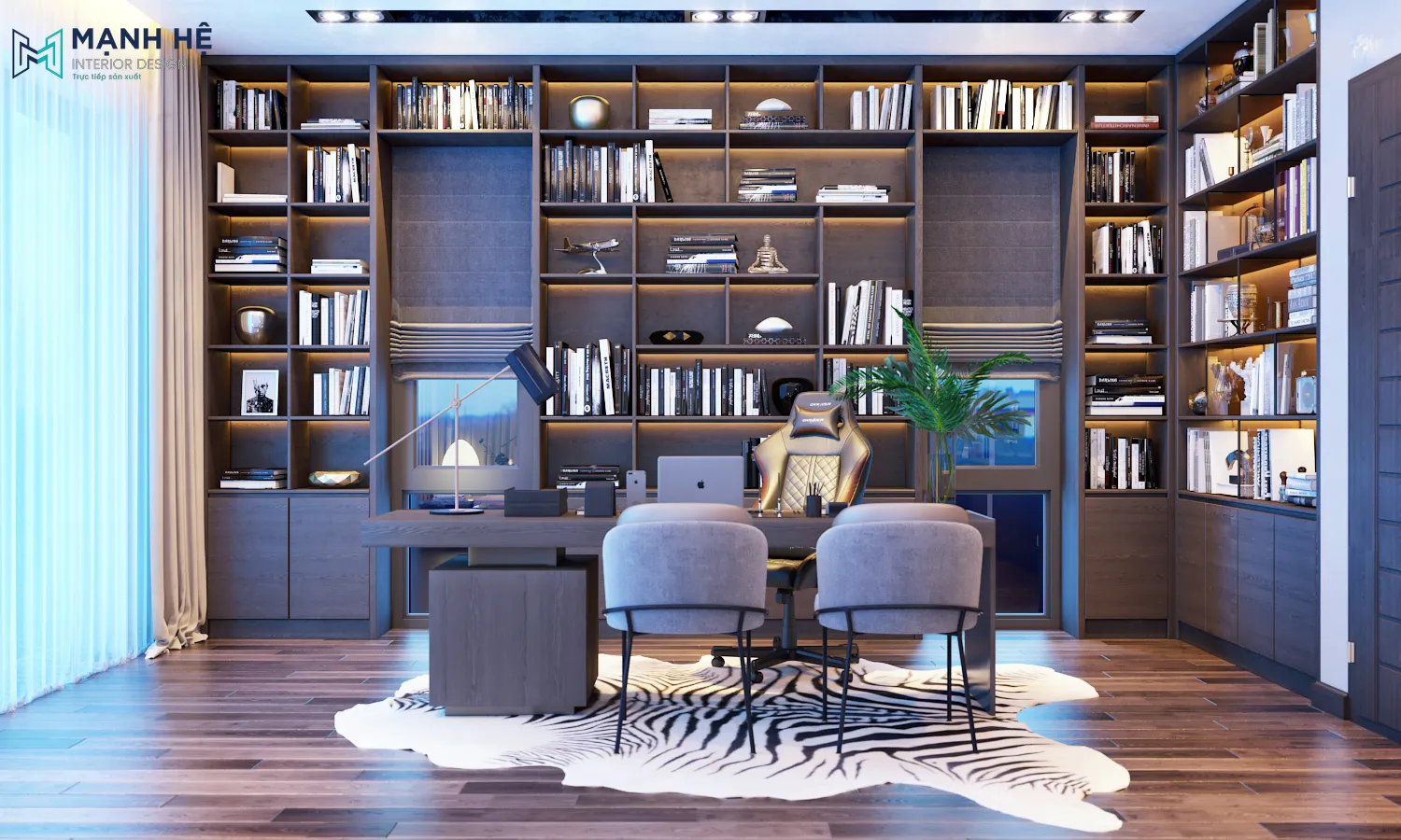 Thi công phòng làm việc rộng rãi, hiện đại với kệ tủ gỗ cao cấp âm tường chữ L đẹp mắt cùng nhiều ngăn đựng Thiet Ke Thi Cong Noi That Binh Duong (22)