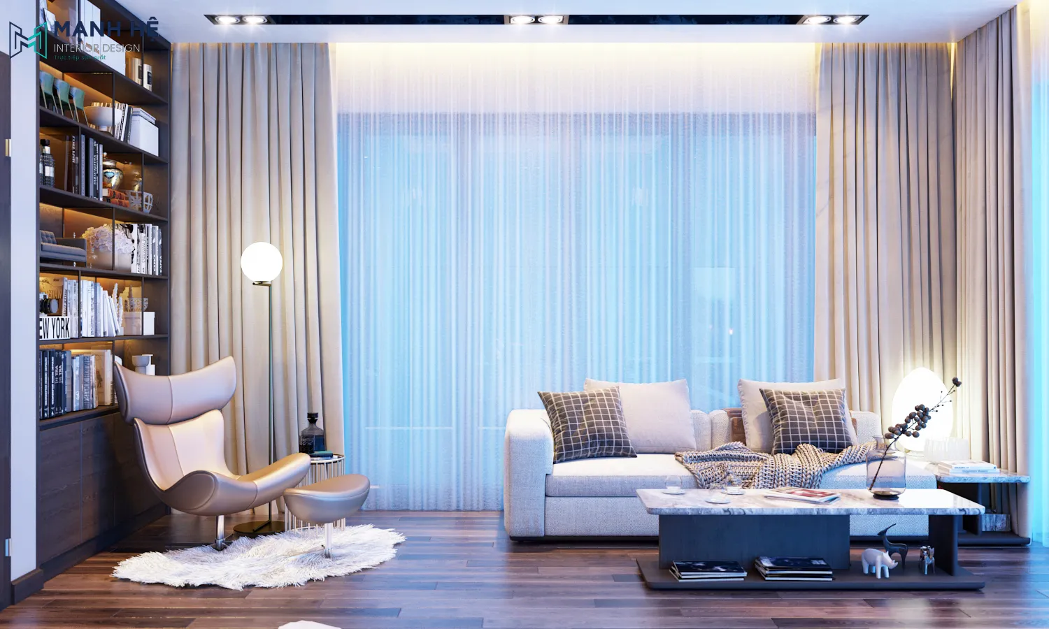 Bố trí 1 ghế sofa đơn để thư giãn đọc sách ngay trong phòng làm việc và 1 bộ bàn ghế sofa để tiếp khách khi cần, decor thêm các chi tiết như đèn trang trí, thảm lông trải sản cho căn phòng thêm sinh động Thiet Ke Thi Cong Noi That Binh Duong (24)