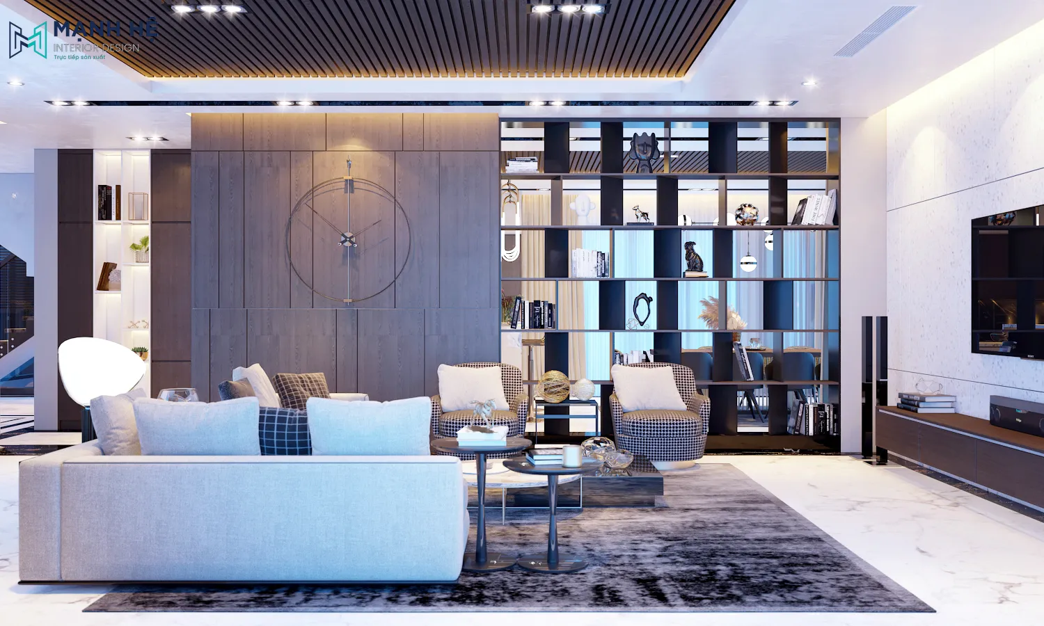 Thi công tủ kệ trang trí đẹp mắt, ấn tượng tăng thẩm mỹ cho phòng khách và vừa là vách ngăn 2 không gian khách bếp Thiet Ke Thi Cong Noi That Binh Duong (3)