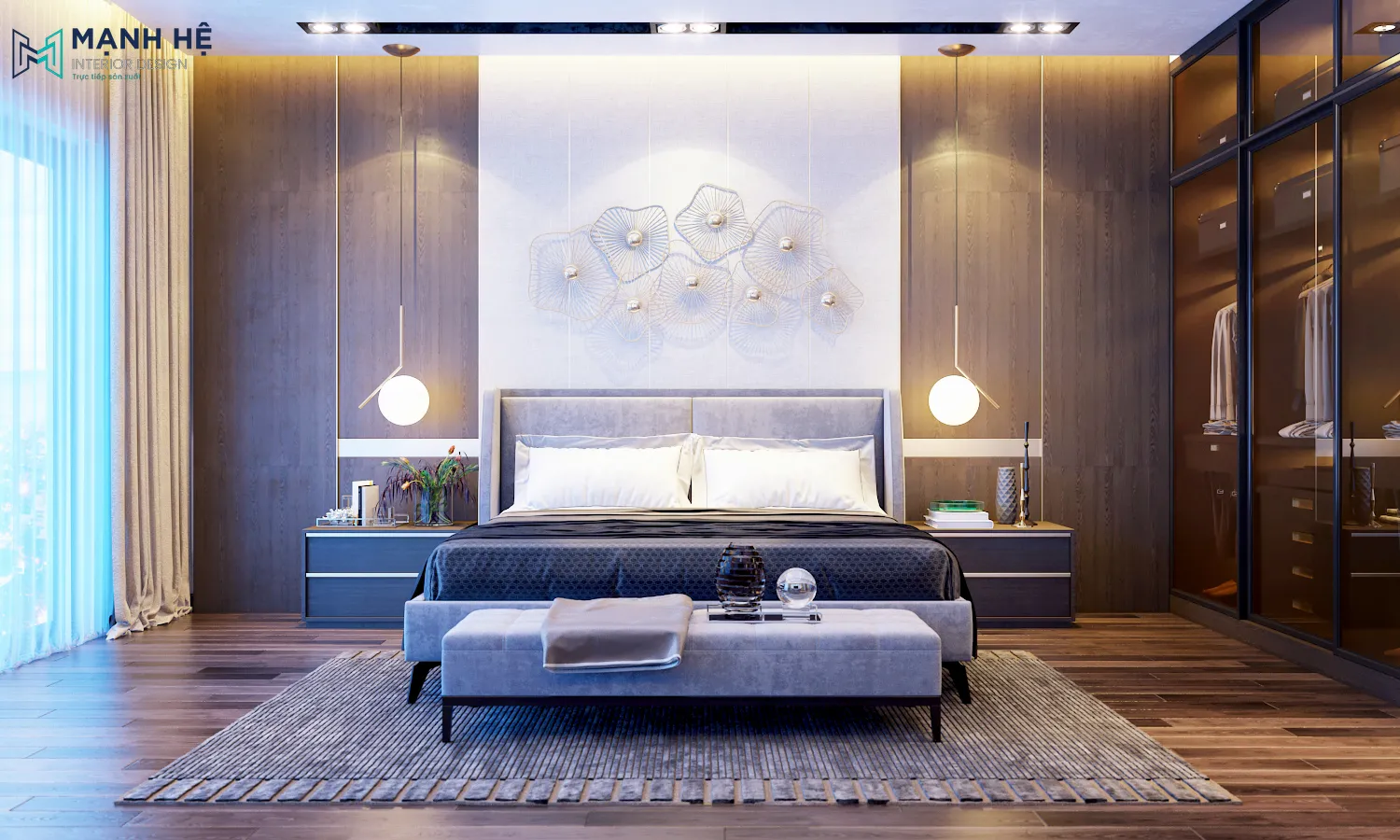 Phong ngủ 2 sang trọng, nổi bật với vách ốp gỗ đầu giường cùng tranh nổi 3d đẹp mắt, bố trí 2 bên tab đầu giường tiện nghi để gia chủ có thể đựng những món đồ lặt vặt Thiet Ke Thi Cong Noi That Binh Duong (34)