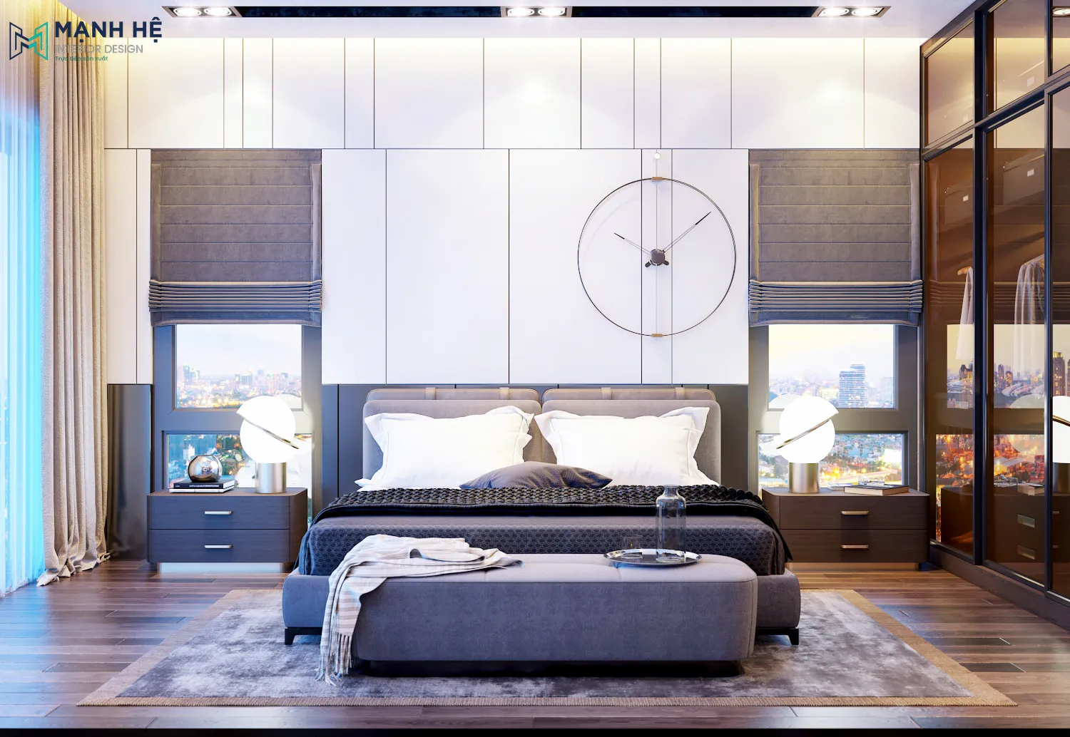 Tổng quan phòng ngủ hiện đại với 2 gam màu trắng xám chủ đạo, với 2 bên tab đầu giường là 2 chiếc đèn ngủ độc đáo Thiet Ke Thi Cong Noi That Binh Duong (42)